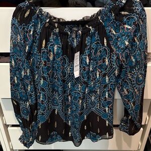 White House Black Market NWT-Boho Paisley Off-Shoulder Blouse - Black and Teal